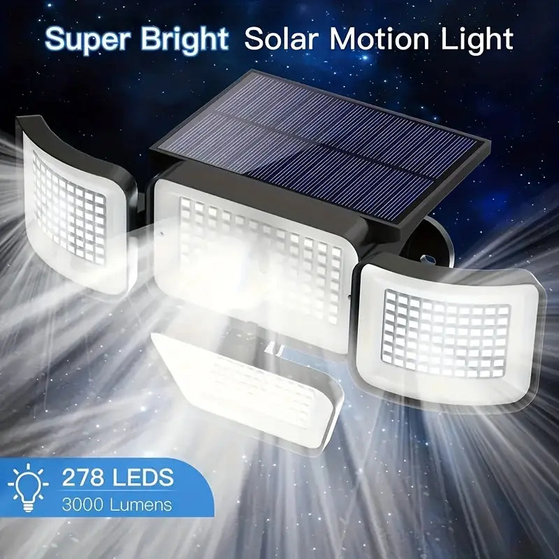 278LEDs 3000LM Motion Sensor 6500K Solar Powered, 4 Heads Security Flood, 300° Wide Angle Wall With 3 Modes Visa Payment