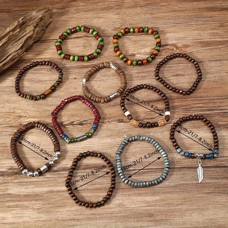 22-Pieces: Bohemian Vintage Wooden Beads Bracelet Set Under 70 Dollars