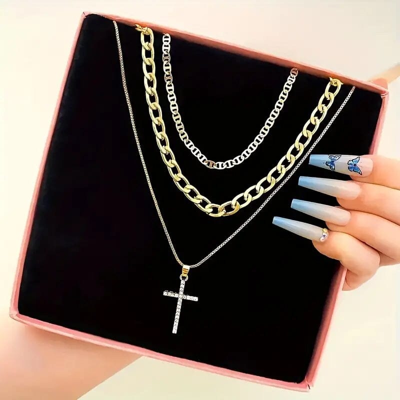 3-Piece: Women's Retro Luxury Artificial Crystal Cross Stackable Necklace Set Cheap Sale Comfortable