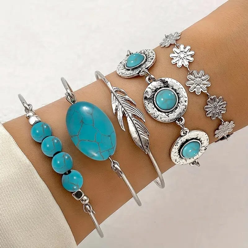 5-Piece Set: Retro Turquoise Inlaid Bracelet For Sale