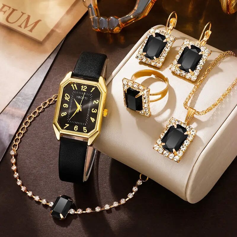 Women's Leather Wrist Watch, Earrings, Bracelet, Necklace and Ring Jewelry Set Sale For Nice