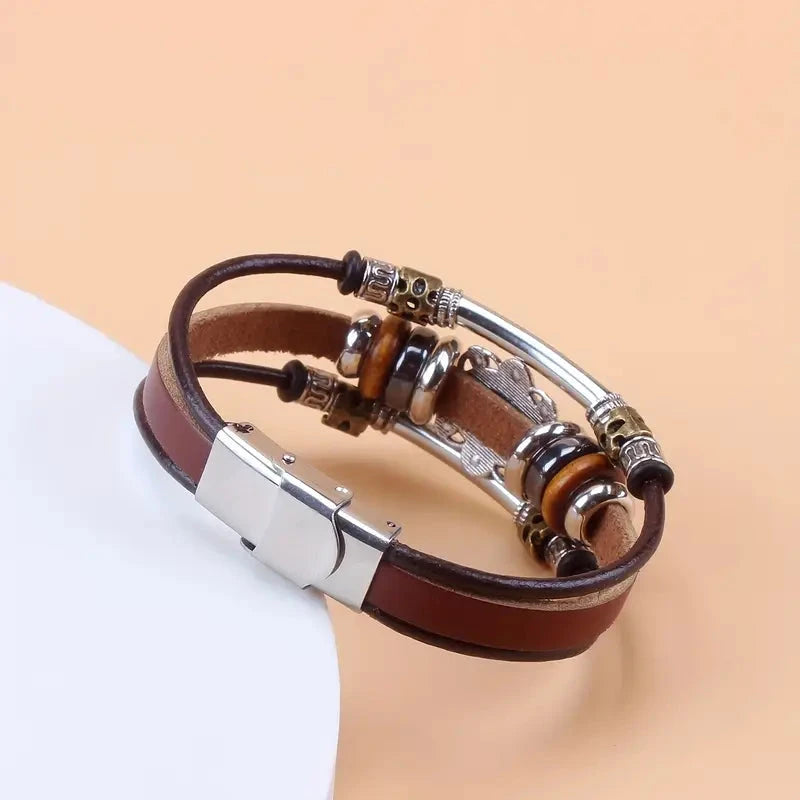 Vintage Style Green Turquoise Beaded PU Leather Stainless Steel Buckle Bracelet Cheap Sale Supply