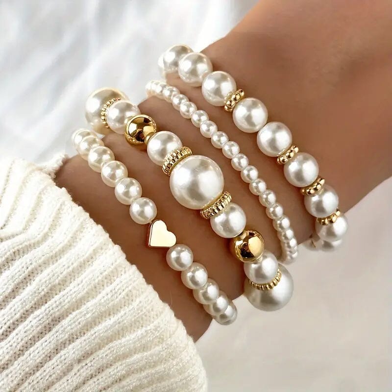 4-Pieces: Elegant White Faux Pearls Beaded Handmade Hand String Jewelry Set Cheap Cost