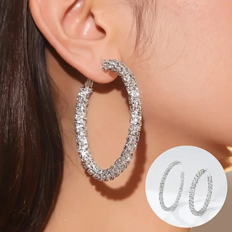 Large Full Rhinestone Silver Hoop Earrings 2025 Cheap Online