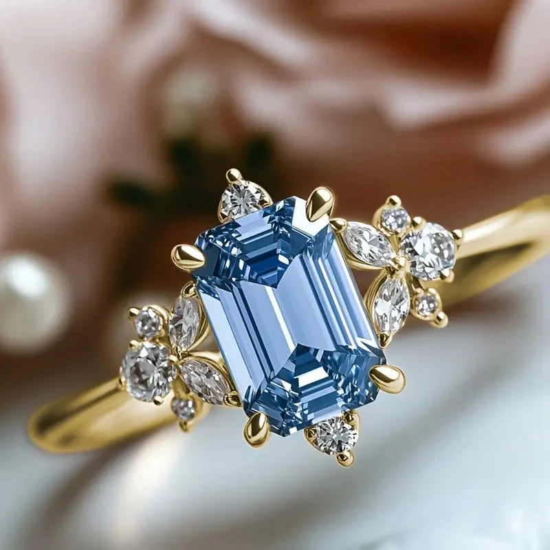 Elegant Gold-Plated Copper Engagement Ring with Square Blue Cubic Zirconia Free Shipping For Sale