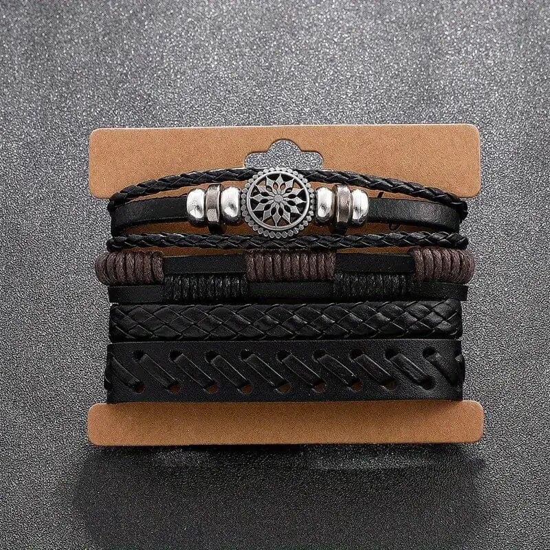 4-Piece Set: Exquisite Vintage-Style PU Leather Woven Handmade Charm Bracelets for Men Free Shipping Big Discount