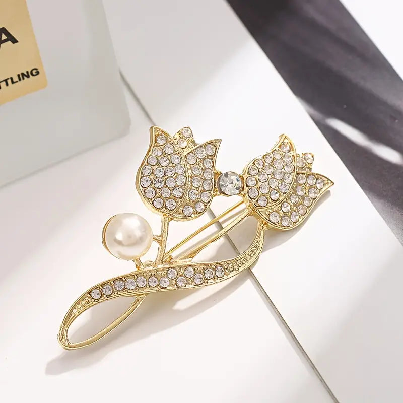 Exquisite Tulip-Shaped Faux Pearl Brooch Adorned with Artificial Diamond How Much Cheap Online