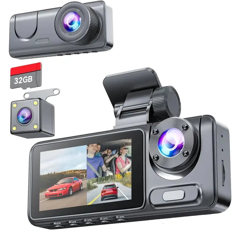 1080P Triple Dash Cam Front, Inside and Rear with 32GB Card, Night Vision, HDR & More Free Shipping Best Pices