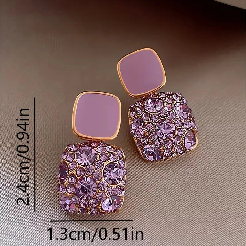 Square Shape Full Shiny Rhinestone Decor Dangle Earrings Store Cheap Online