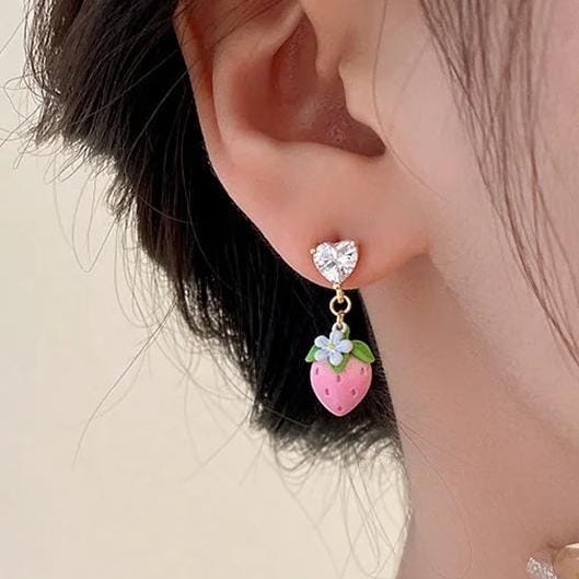 14K-Gold Cute Strawberry Hanging Earring Very Cheap Sale Online