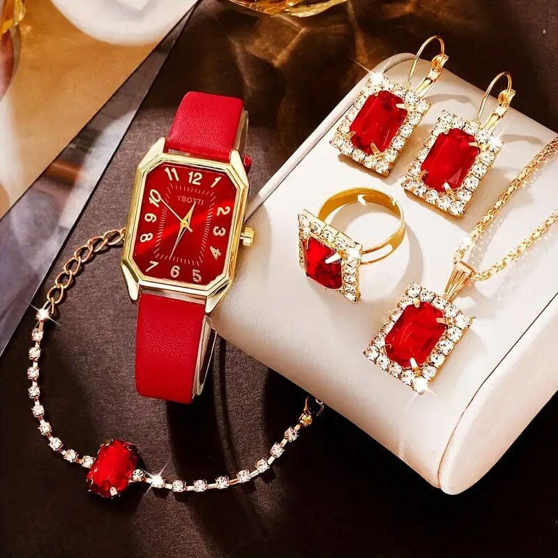 Women's Leather Wrist Watch, Earrings, Bracelet, Necklace and Ring Jewelry Set Sale For Nice