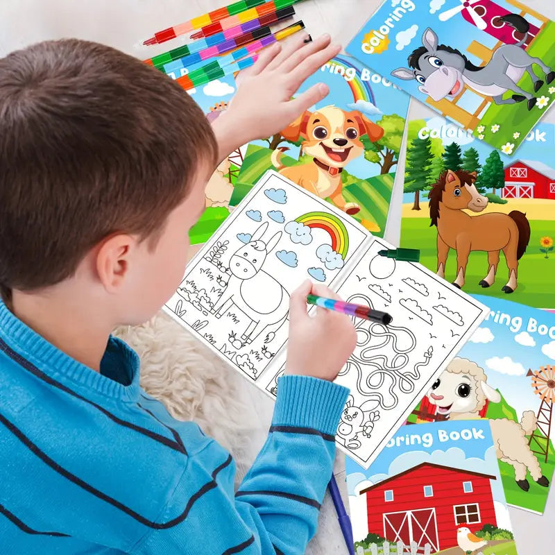 24-Pieces: Mini Coloring Books with 24 Stacking Crayons, Farm Themed Cheap Sale Free Shipping