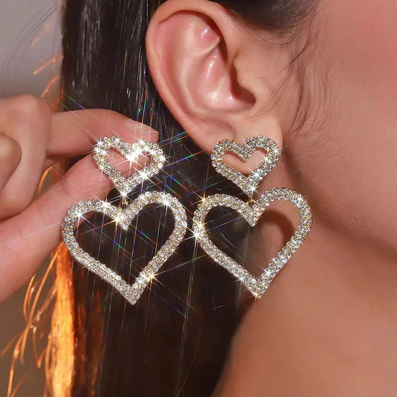 Chic Double Heart Rhinestone Stud Earrings Cheap Pice Original