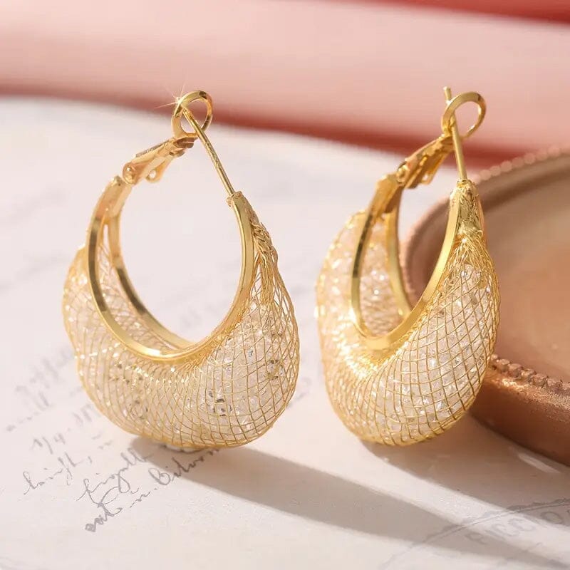 Elegant Crescent Mesh Hoop Earrings with Sparkling Cubic Zirconia Cheap Sale Fashionable