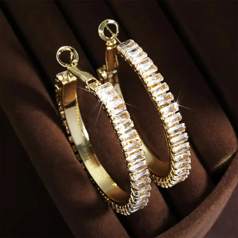 Full Rectangular Shiny Synthetic Zirconia Decorative Hoop Earrings Popular
