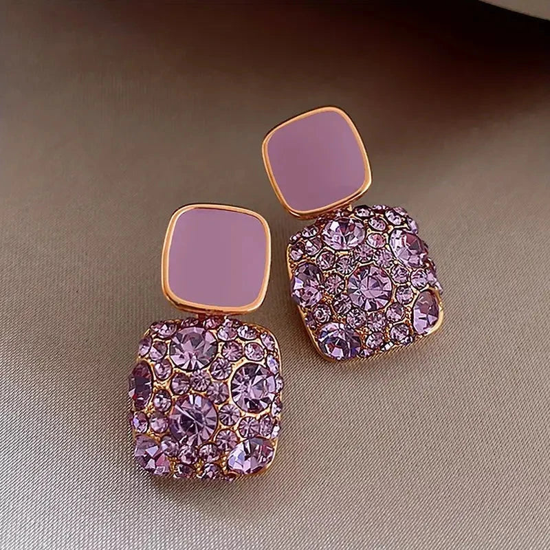 Square Shape Full Shiny Rhinestone Decor Dangle Earrings Store Cheap Online