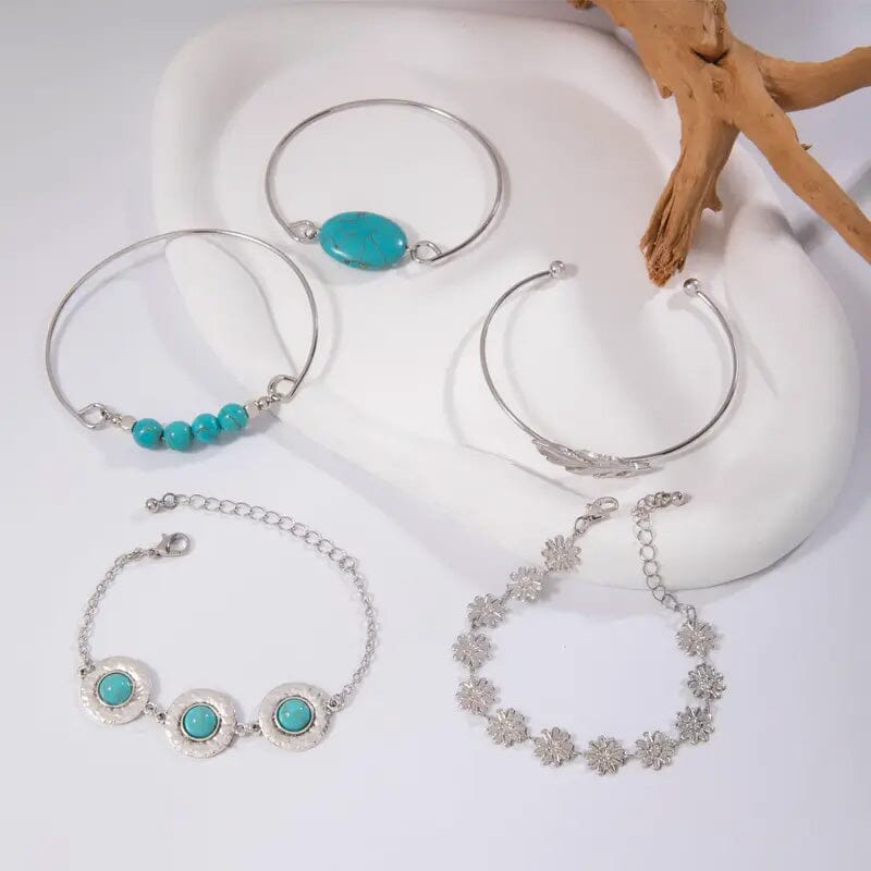 5-Piece Set: Retro Turquoise Inlaid Bracelet For Sale