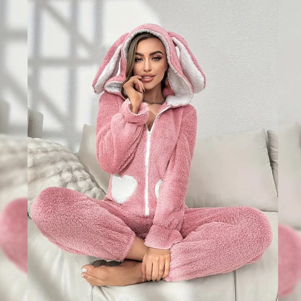 Cute Bunny Fuzzy Hooded Night Jumpsuit Get Authentic