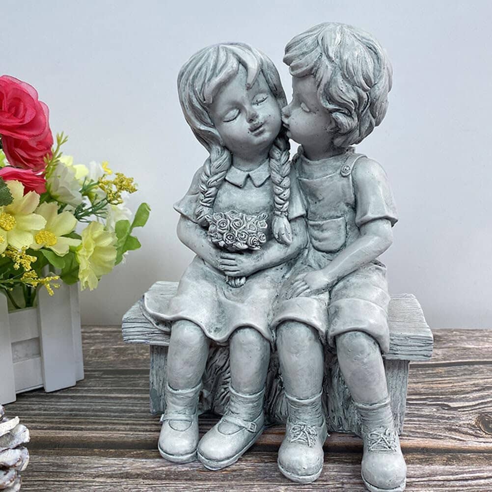 Boy Kissing Girl Statue Sitting on Bench Figurine Outlet 2025 Newest