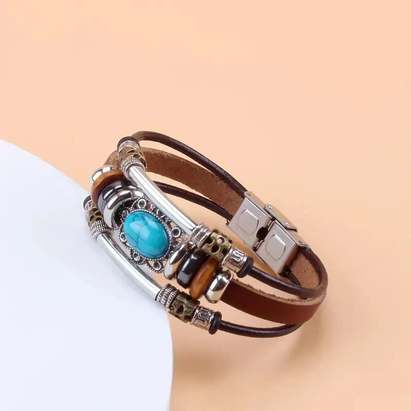 Vintage Style Green Turquoise Beaded PU Leather Stainless Steel Buckle Bracelet Cheap Sale Supply