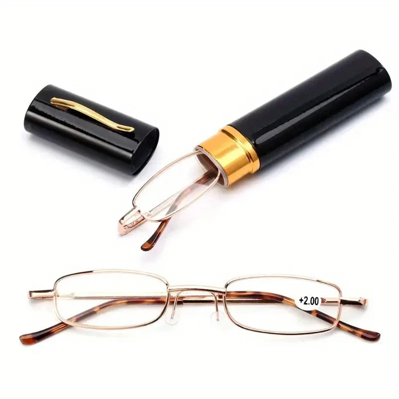 Portable Presbyopia Reading Glasses with Pen Tube Case - Unisex, Metal Frame, Spring Hinge, +1.00~+4.00, Plastic Lens Discount Looking For