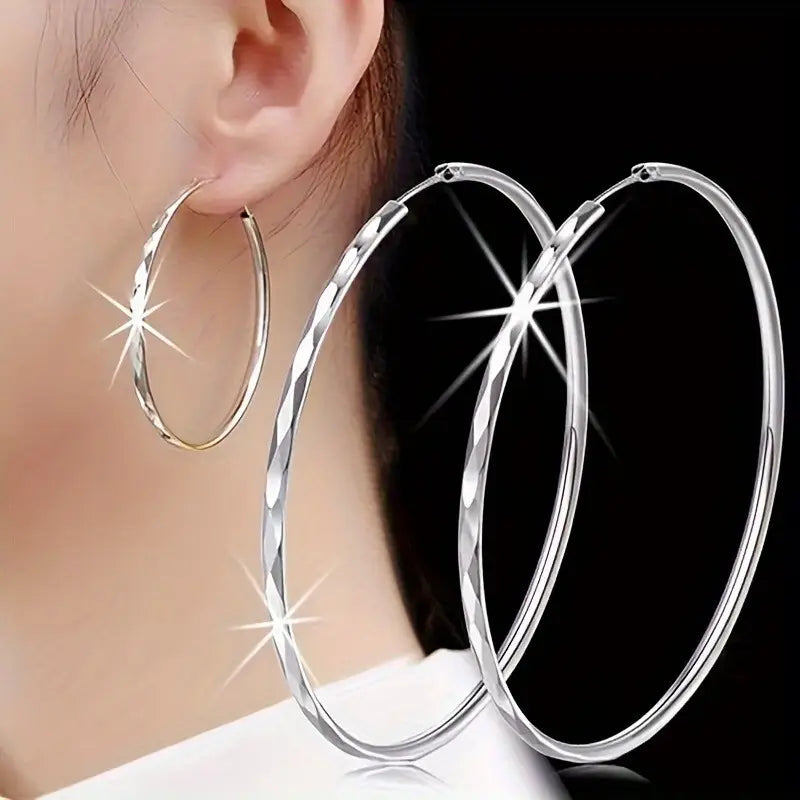 S925 Sterling Silver Hoop Earrings With Exaggerated Large Circle Diamond Pattern Hoop Discount Shop