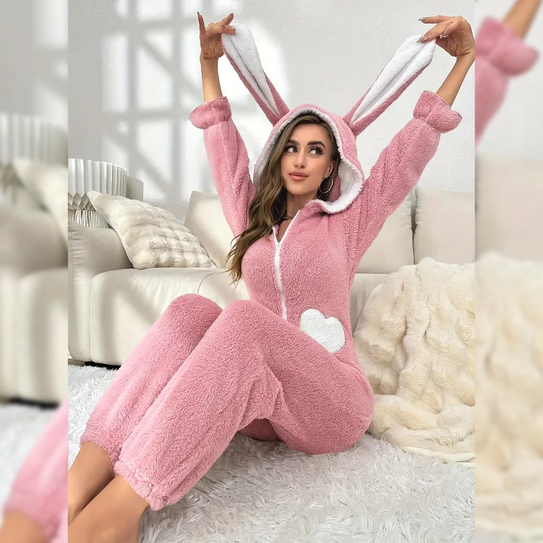 Cute Bunny Fuzzy Hooded Night Jumpsuit Get Authentic