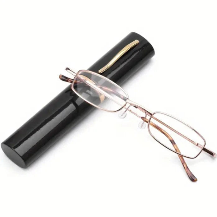 Portable Presbyopia Reading Glasses with Pen Tube Case - Unisex, Metal Frame, Spring Hinge, +1.00~+4.00, Plastic Lens Discount Looking For