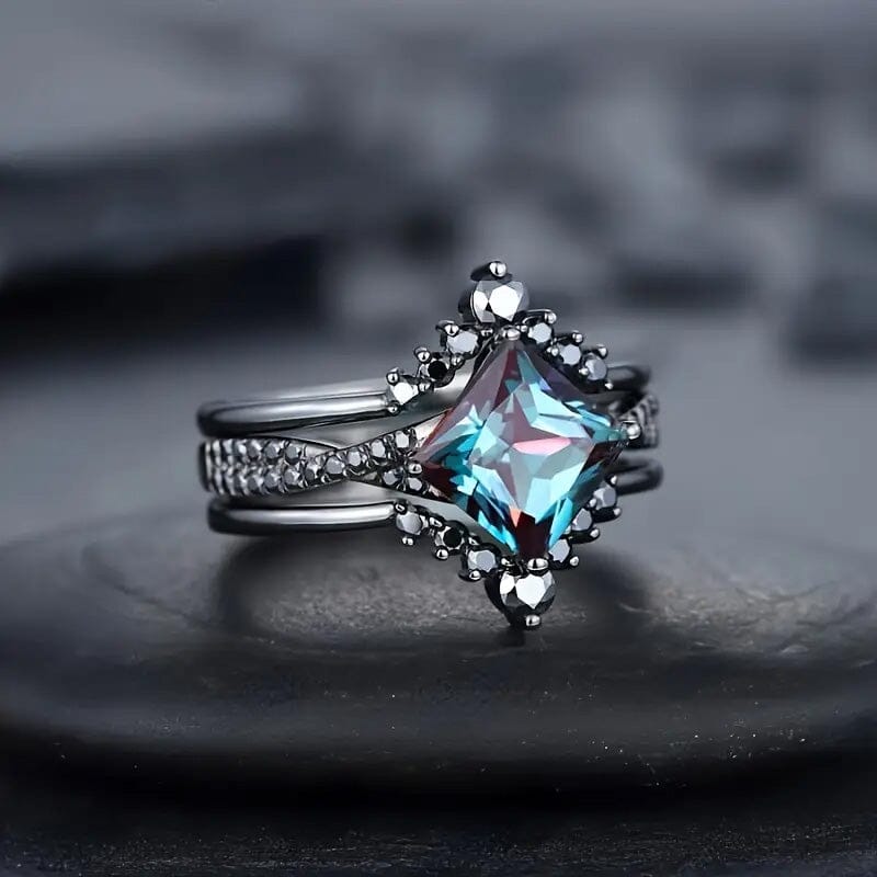 3-Piece Set: Black Square Faux Blue Zirconia Retro Luxury Ring Recommend Cheap Pice