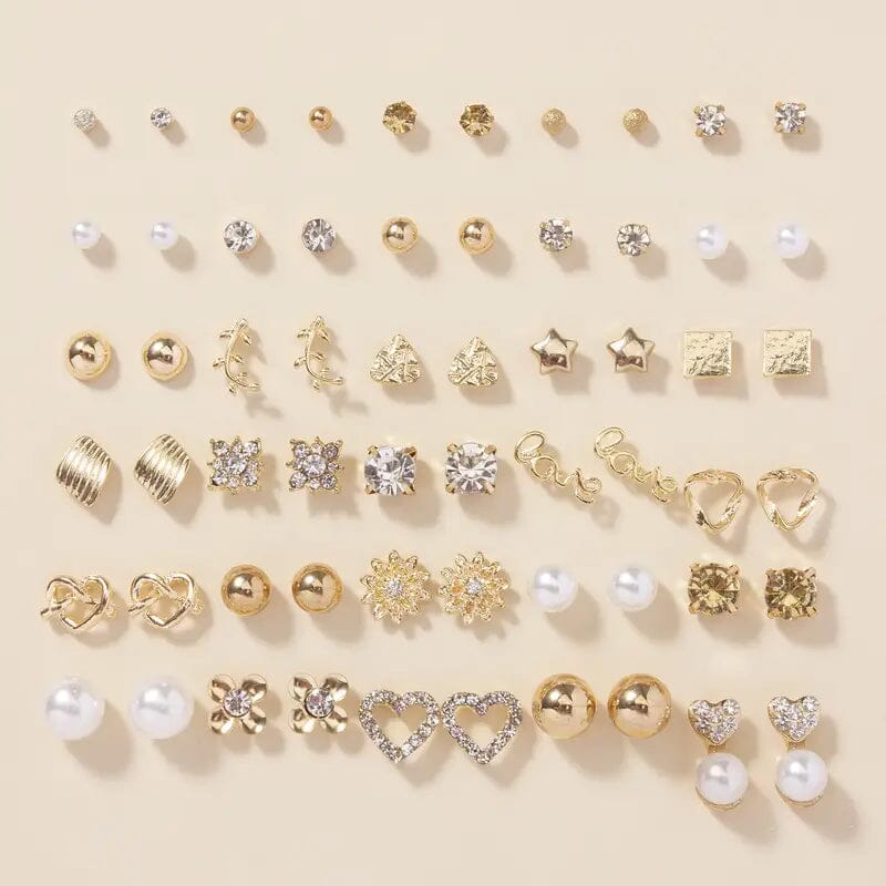 30-Pairs: Alloy Full Rhinestones Love Round Faux Pearl Letter Stud Earrings Set Low Pice Fee Shipping For Sale