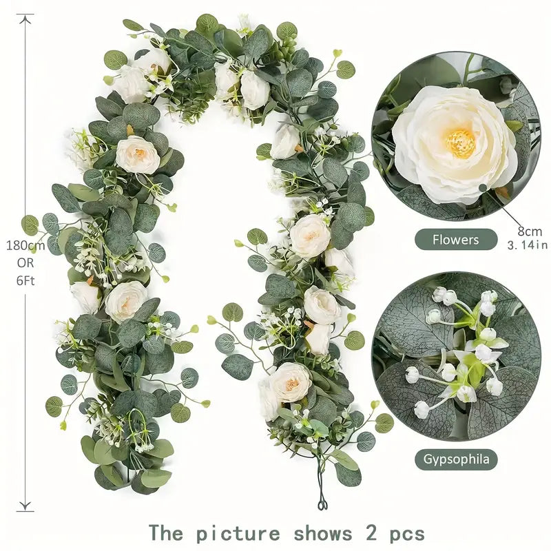 Artificial Eucalyptus Garland With Fake Roses & Gypsophila, Faux Floral Greenery Fashionable