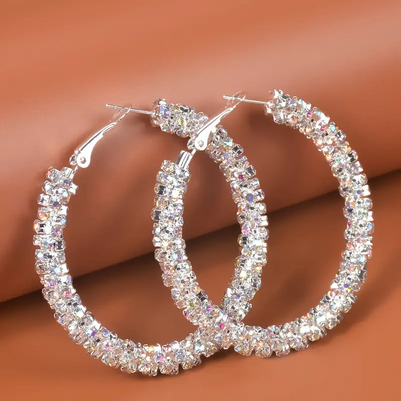 Large Full Rhinestone Silver Hoop Earrings 2025 Cheap Online