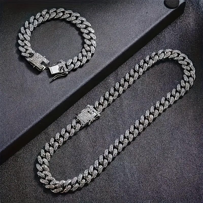 2-Piece Set: Unisex Hip Hop Cuban Chain Necklace and 8 Bracelet Clearance 2025