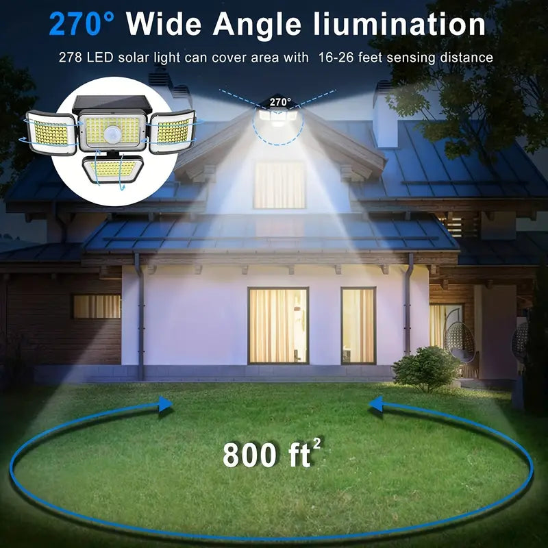 278LEDs 3000LM Motion Sensor 6500K Solar Powered, 4 Heads Security Flood, 300° Wide Angle Wall With 3 Modes Visa Payment