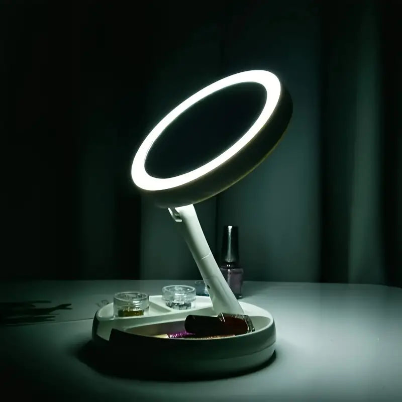 Foldable LED Vanity Mirror With Storage Box, Double-sided 1X & 10X Magnifying Retractable Mirror Official Site