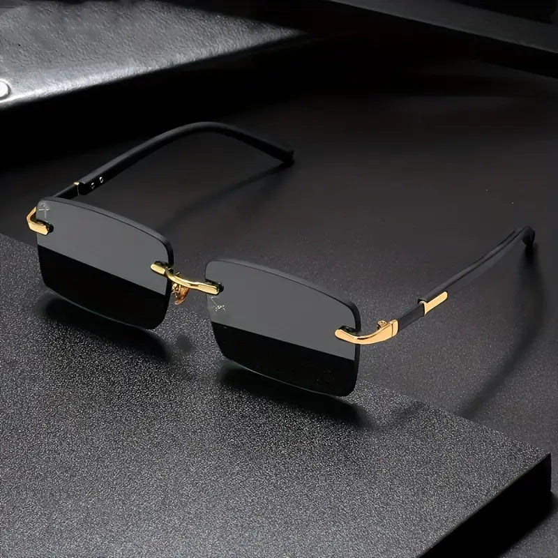 Square Rimless Vintage Sunglasses Stylish Design Golden Frame Black Hip Hop Sunglasses Clearance Latest