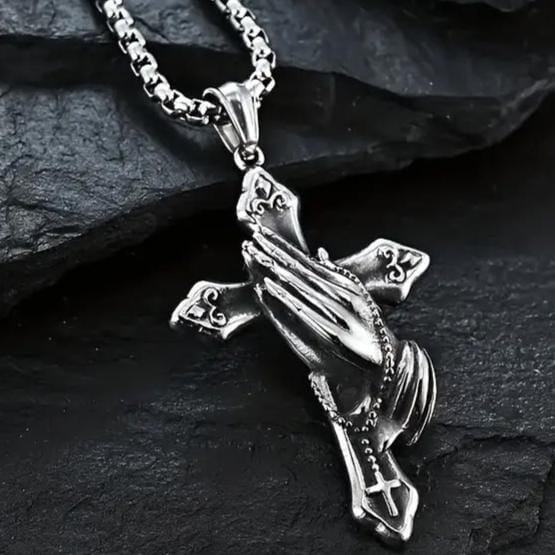 Men's Stainless Steel Prayer Hand and Cross Pendant Necklace Clearance Latest