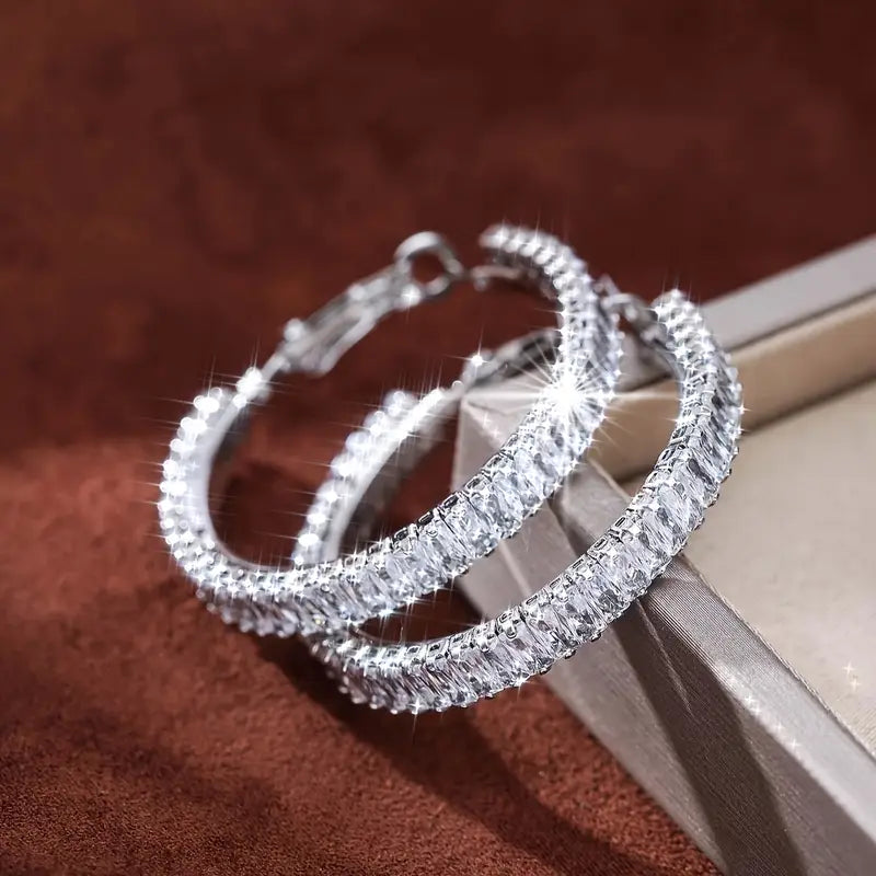 Full Rectangular Shiny Synthetic Zirconia Decorative Hoop Earrings Popular