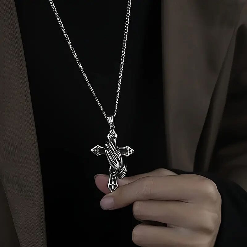 Men's Stainless Steel Prayer Hand and Cross Pendant Necklace Clearance Latest