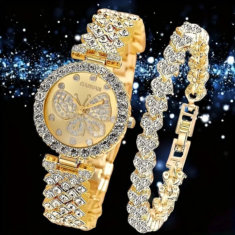 2-Piece Set: Butterfly Quartz Stainless Steel Band Wrist Watch and Bracelet Marketable For Sale