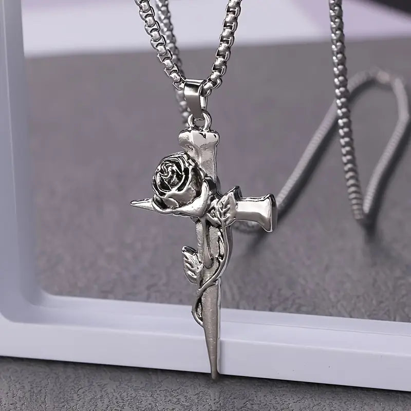 Vintage-Inspired Men's Titanium Steel Pendant Necklace - Unique Keel Chain Design with Cross and Rose Accents Cheap Pice Outlet