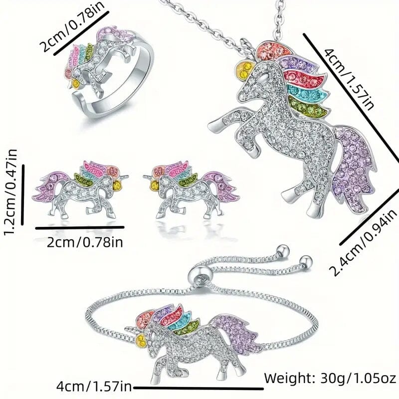 Colorful Cartoon-Themed Unicorn Earrings, Necklace, Ring & Bracelet Jewelry Set Outlet Deals