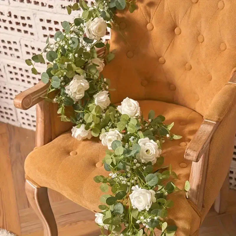 Artificial Eucalyptus Garland With Fake Roses & Gypsophila, Faux Floral Greenery Fashionable