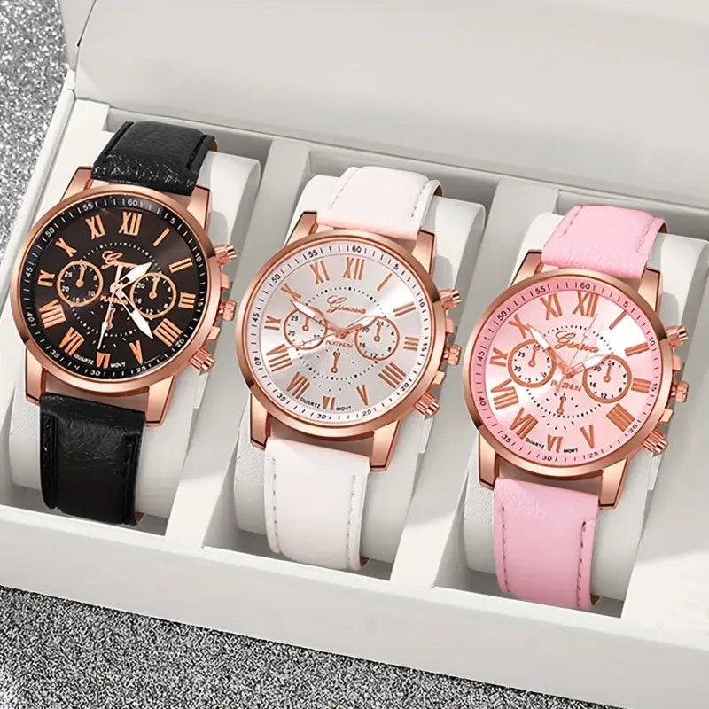 3-Pieces: Roman Quartz Women's Watches - Fashionable Round Dial with Faux Leather Strap Store Online