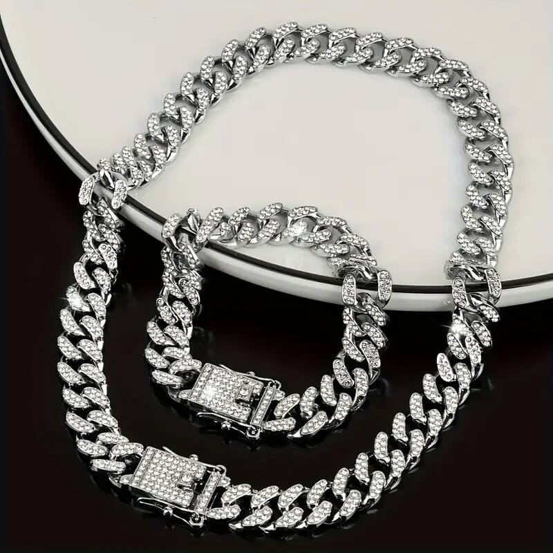 2-Piece Set: Unisex Hip Hop Cuban Chain Necklace and 8 Bracelet Clearance 2025