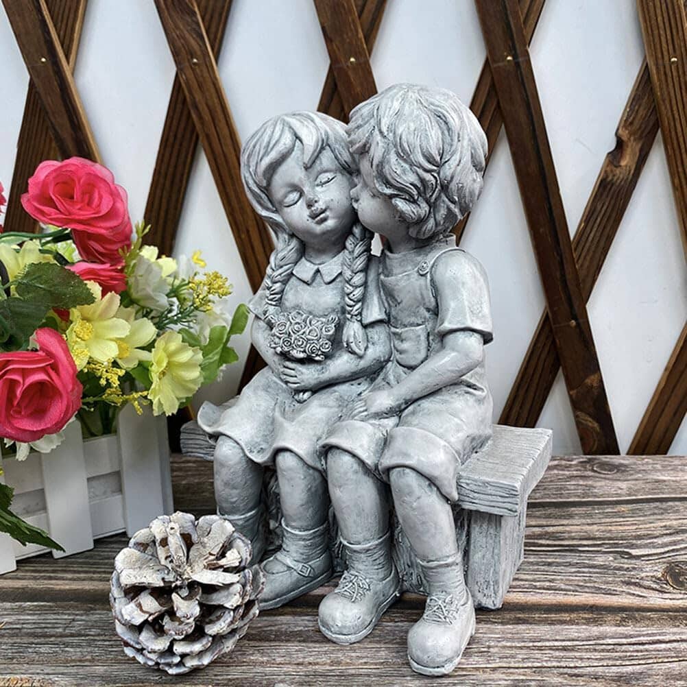 Boy Kissing Girl Statue Sitting on Bench Figurine Outlet 2025 Newest