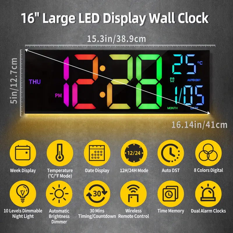 16.2 Large Display Digital Coloring Changing Wall Clock with Built-in Night Light Visit Sale Online