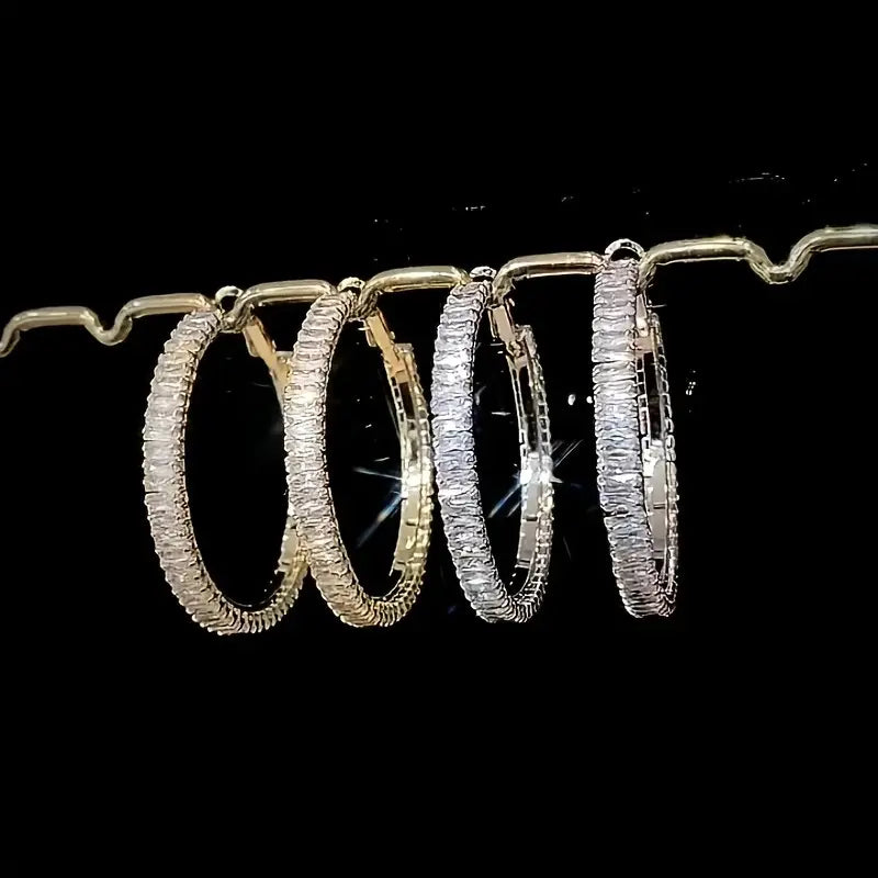 Full Rectangular Shiny Synthetic Zirconia Decorative Hoop Earrings Popular