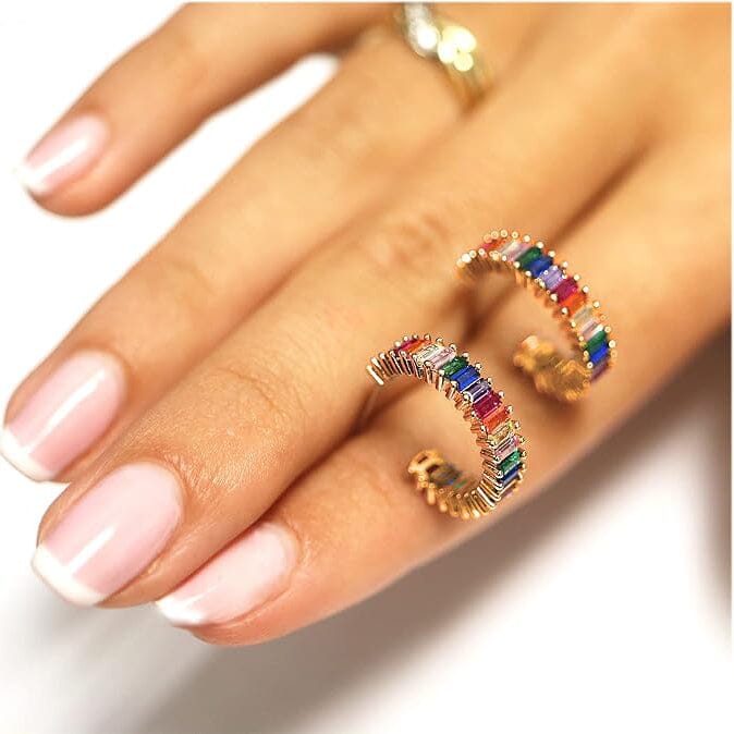 14K Gold Plated Cubic Zirconia Multicolor Rainbow Round Hoop Stud Earrings Buy Cheap Websites