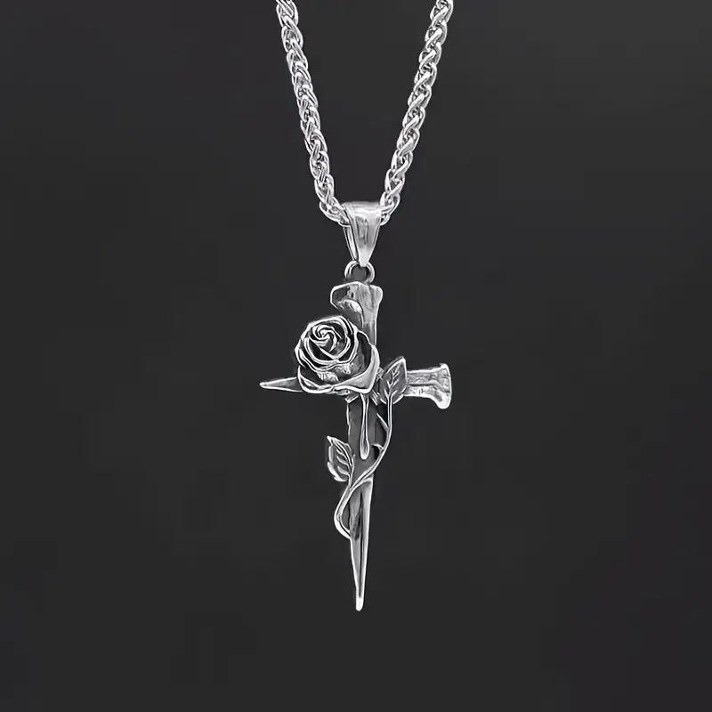 Vintage-Inspired Men's Titanium Steel Pendant Necklace - Unique Keel Chain Design with Cross and Rose Accents Cheap Pice Outlet